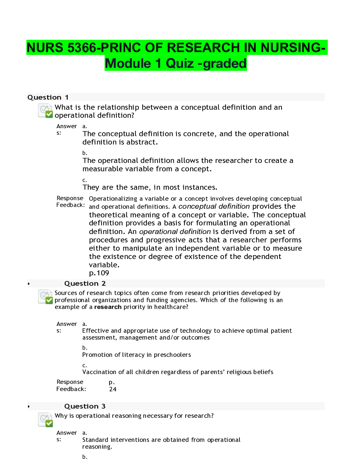 Preview of NURS 5366-PRINC OF RESEARCH IN NURSING- Module 1 Quiz -graded
